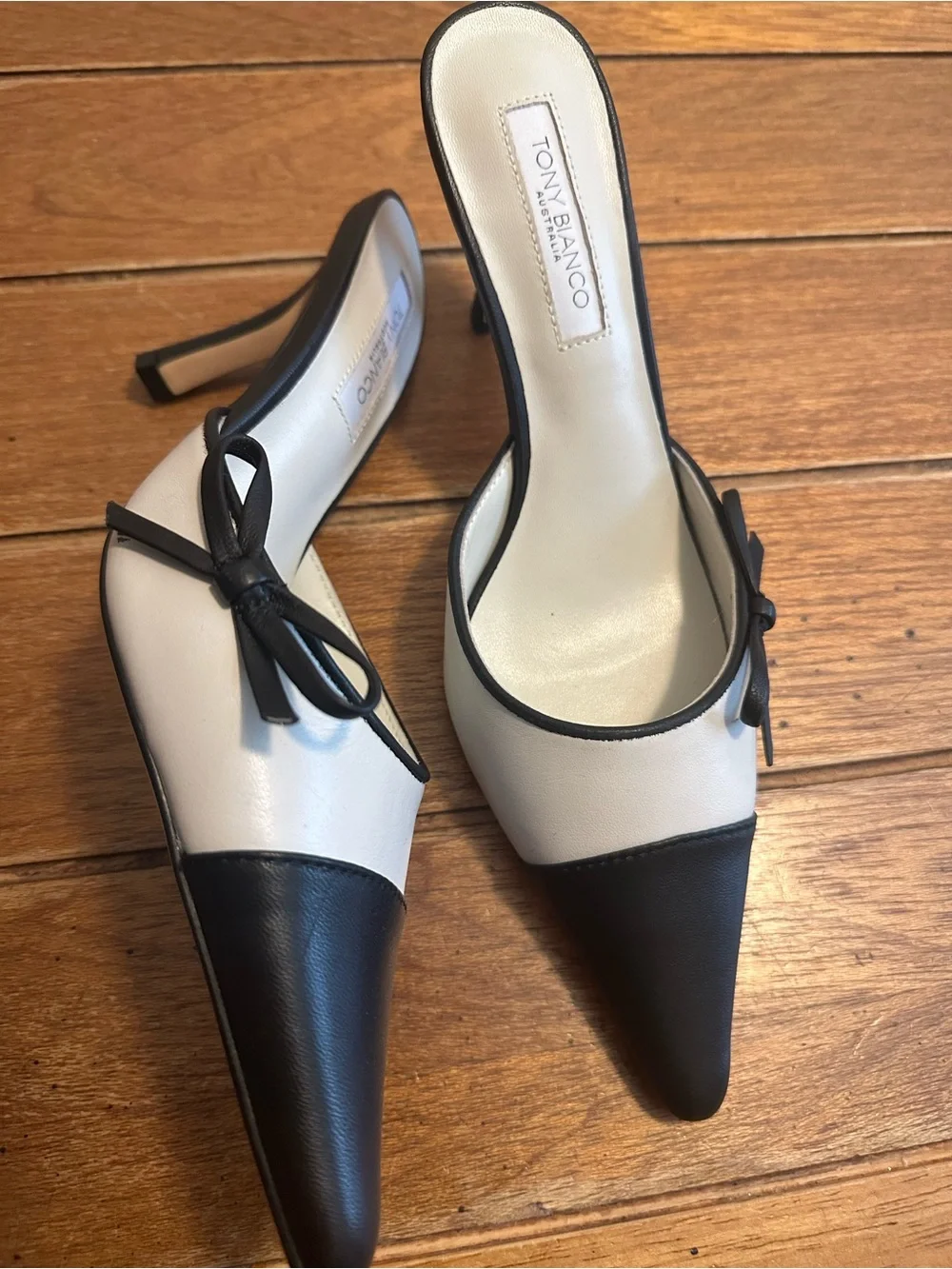 Tony Bianco Two-Tone Pointed Toe Mules in Black & Cream
